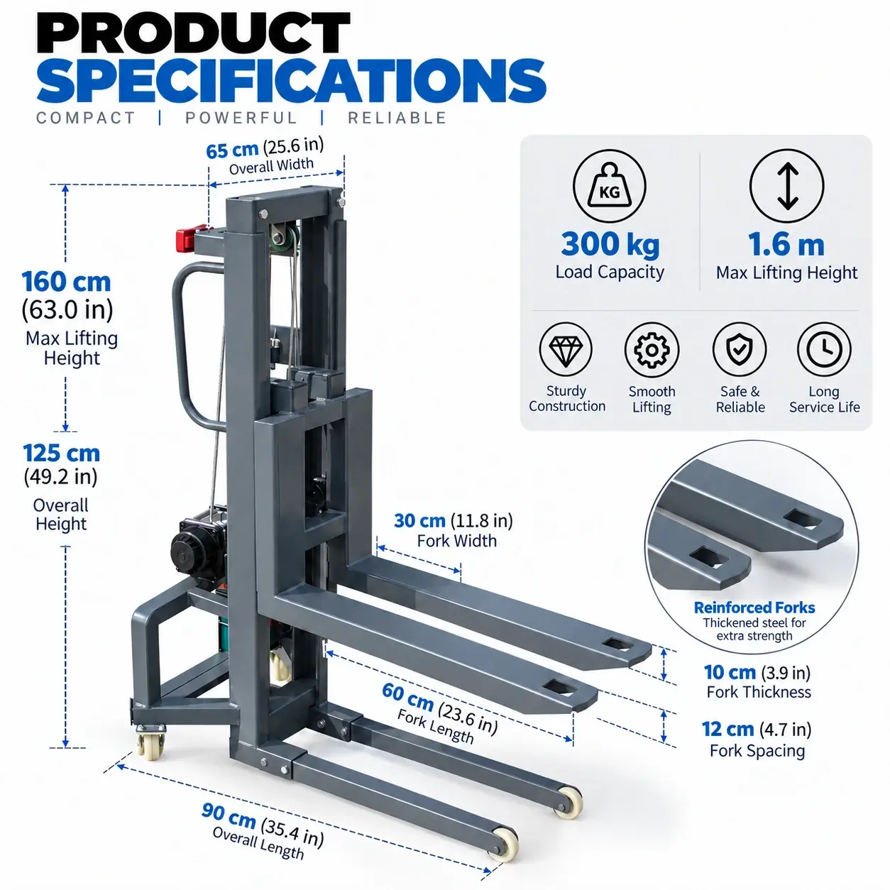 300kg Portable Electric Stacker specification 1