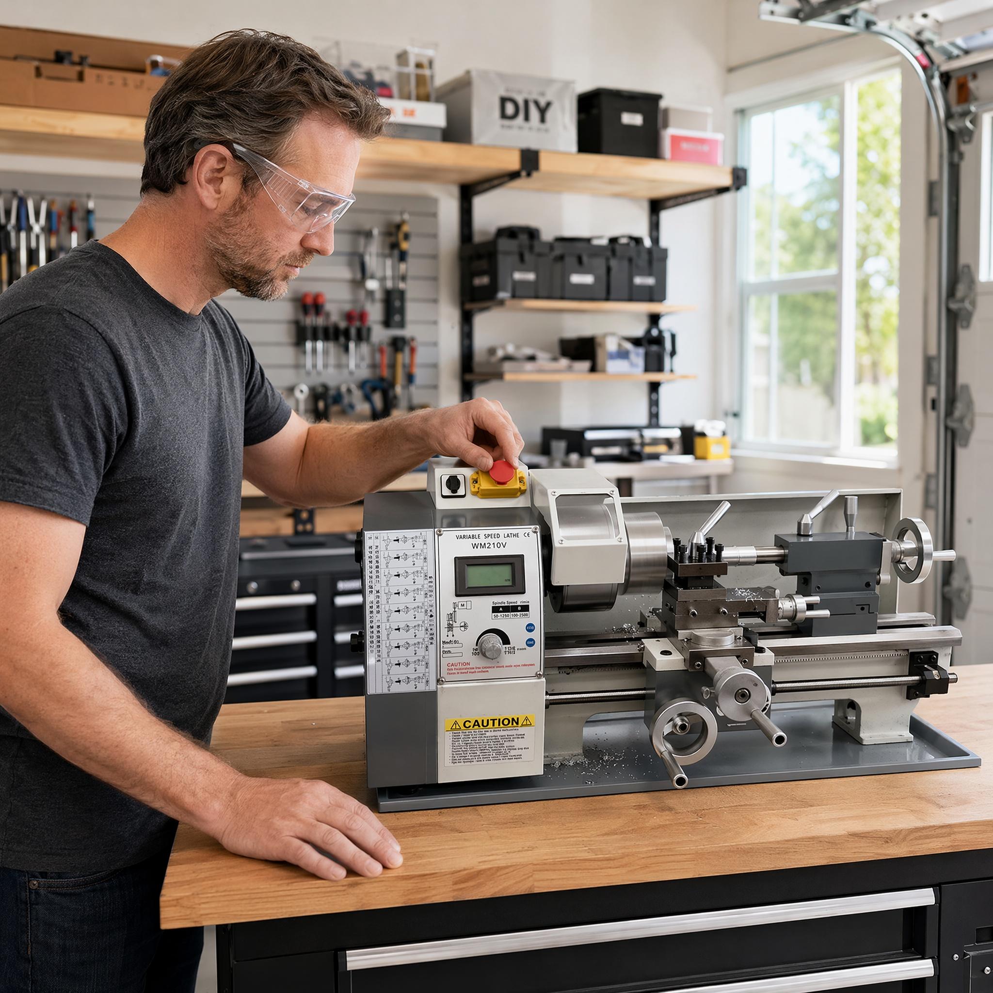 A workshop user checking a WM210V lathe in a home garage